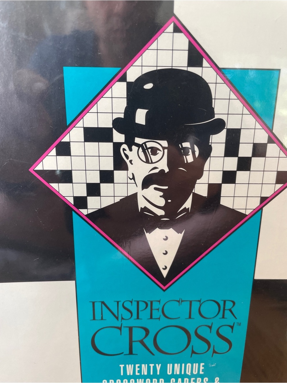 Vintage retro Inspector Cross Crossword Puzzle Poster - Teal, Black, White, Pink